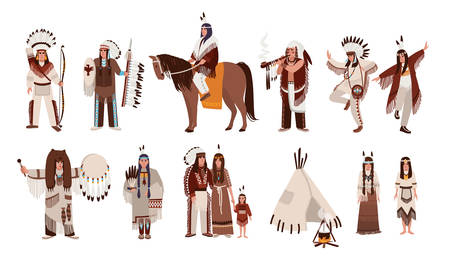 Set of Indians in traditional costumes. Native american family, girl, shaman, people with a bow and arrows, peace-pipe, a spear, on a horse. Colorful vector illustration in cartoon style.のイラスト素材