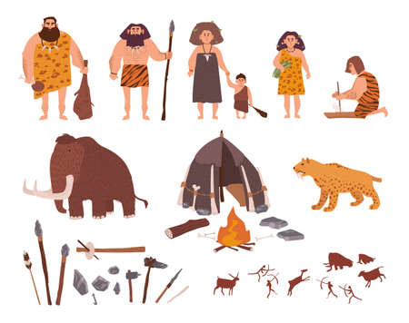 Set of Stone Age theme. Primitive people, children, mammoth, dwelling, hunting and labor tools, saber-toothed tiger, fire, rock carvings. Colorful vector collection in cartoon style.のイラスト素材