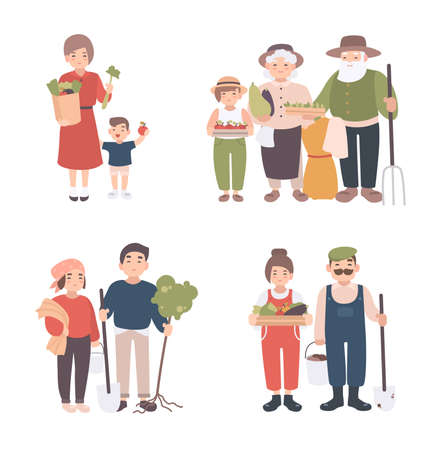 Set of village people. Different young, adult, old farmers and kids together. Happy grandparents, man and woman with seedlings, crops, tools. Colorful vector illustration in cartoon style.のイラスト素材
