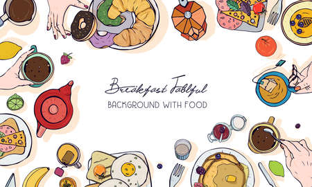 Horizontal advertising banner on breakfast theme. Backdrop with drink, pancakes, sandwiches, eggs, croissants and fruits. Top view. Colorful vector hand drawn background with place for text.のイラスト素材
