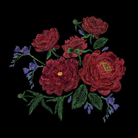 Embroidered composition with peonies, wild and garden flowers, buds and leaves. Satin stitch embroidery, floral design on black background. Folk line trendy pattern for clothes, dress, fabric, decor.のイラスト素材
