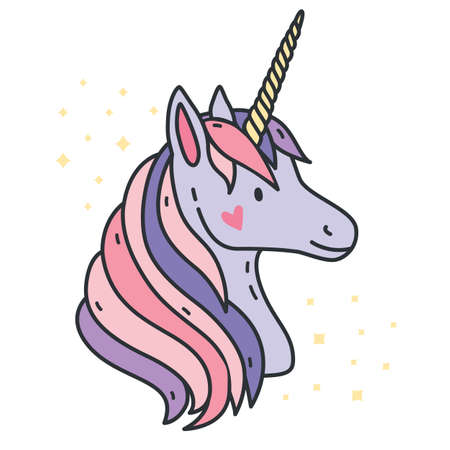 Portrait of cute unicorn. Purple fantasy animal with horn. Side view. Colorful vector illustration in cartoon style.のイラスト素材