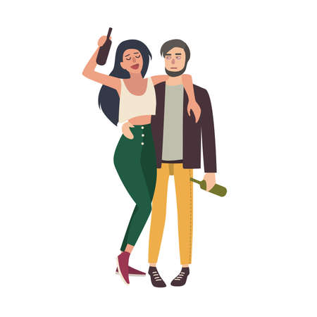 Drunk couple hugging. Young girl and guy tipsy with bottles. Colorful vector illustration in cartoon style.のイラスト素材