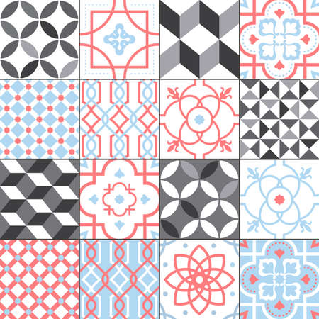 Different tiles pattern collection. Colorful and monochrome tracery set. Traditional and modern ornament vector illustration.のイラスト素材