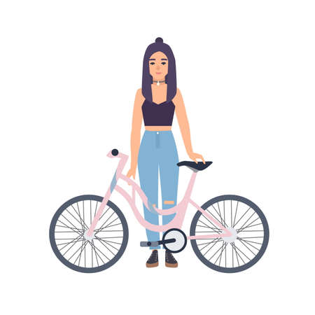 Modern girl standing with bicycle. Cartoon flat colorful vector illustration.のイラスト素材