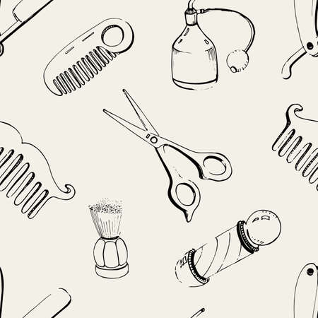 Hand drawn barbershop seamless with accessories comb, razor, shaving brush, scissors, barber s pole and bottle spray. Black and white vector illustration pattern.のイラスト素材