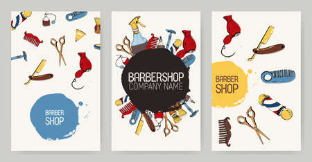 Set of different barbershop advertising backgrounds. Colorful backdrops with tools. Vector templates collection.のイラスト素材