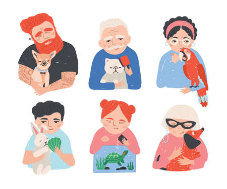 Careful treatment of pets hand drawn collection. People loves their animals. Colorful cartoon vector illustration set illustration.のイラスト素材