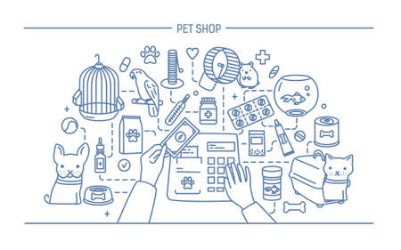 Pet shop contour banner with animals and meds selling. Horizontal contour line art vector illustrationのイラスト素材