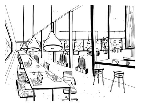 Hand drawn coworking cluster. Modern office interior, open space. workspace with computers, laptops, lighting and place for rest. Black and white horizontal vector sketch illustration.のイラスト素材