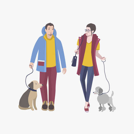 Young guy and girl walking with dogs, Colorful flat vector illustration.のイラスト素材