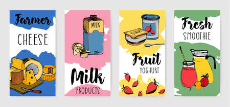 Colorful dairy products vertical advertising flyer set. Different hand drawn banner on colorful background. Vector illustration collection.のイラスト素材