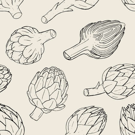 Artichoke seamless pattern with hand drawn cutaway plant. Contour vector illustrationのイラスト素材