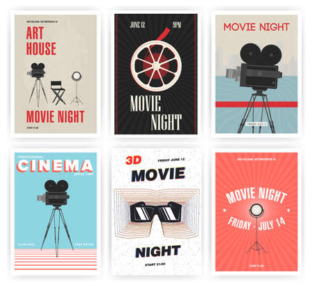 Movie night poster set. Cinema events different advertising placards. Colorful vector illustration.のイラスト素材