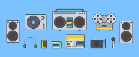Sound systems retro collection. Portable player, headphones, cassette player, stereo system, speakers, record player, tape recorder, mic, radio, vinyl player Colorful vector line art illustration setのイラスト素材