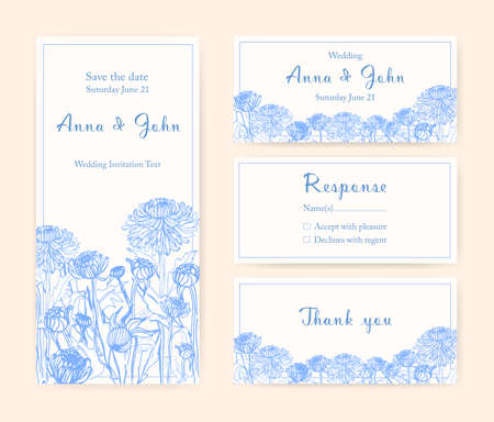 Wedding invitation cards with chrysanthemum. Different vertical and horizontal compositions. Monochrome vector illustrationのイラスト素材