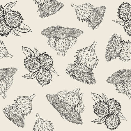 Burdock seamless texture with hand drawn buds. Outline vector illustration pattern.のイラスト素材