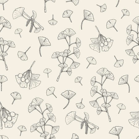 Seamless pattern with ginkgo biloba. medical, botanical plant background. Vector sketch hand drawn texture.のイラスト素材