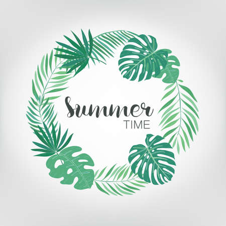 Round frame with tropical palm leaves. exotic background with place for text.