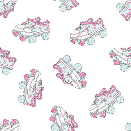 Seamless pattern with quad roller skates on white background. Retro laced boots, colorful vector background.のイラスト素材