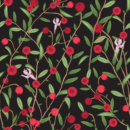 Cranberry seamless pattern. Detailed hand drawn branches with berries. Colorful hand drawn illustration.のイラスト素材