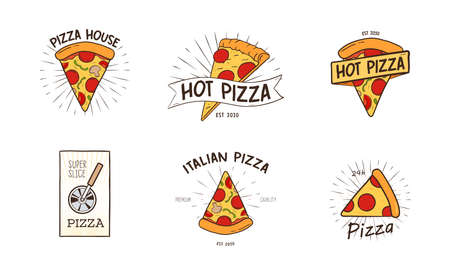 Pizzeria logotypes set. Collection of different logo with pizza slices and inscriptions.のイラスト素材