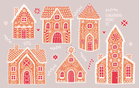Gingerbread houses set. Cute hand drawn honey-cakes with patterns. Colorful vector illustrations collection.のイラスト素材