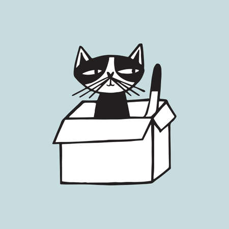 Cheerful cat sitting in carton box against light blue background. Doodle funny cartoon animal hand drawn in black and white. Vector illustration in trendy style.のイラスト素材