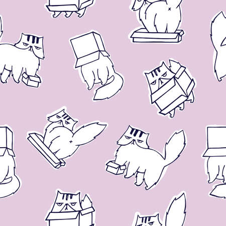 Funny pattern with grumpy and melancholic cat playing with carton box on pink . Cute hand drawn cartoon character. illustration for backdrop, wrapping paper, fabric print.のイラスト素材