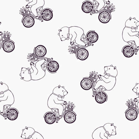 Lovely seamless pattern with funny cartoon bear wearing dotted bow tie and riding bicycle with basket full of tulip flowers. Vector illustration for wallpaper, textile print, wrapping paper, backdropのイラスト素材