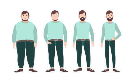 Visualization of weight loss stages of male cartoon character, from fat to slim. Concept of body changing through diet, healthy nutrition and sports. Vector illustration.のイラスト素材