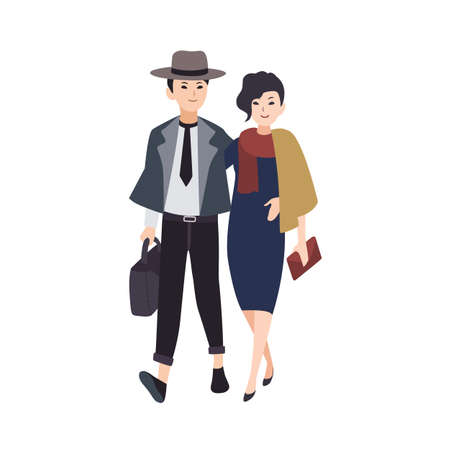 Couple of young elegant man and woman dressed in evening wear walking together. Pair of stylish hipsters going on festive party. Flat vector illustrationのイラスト素材