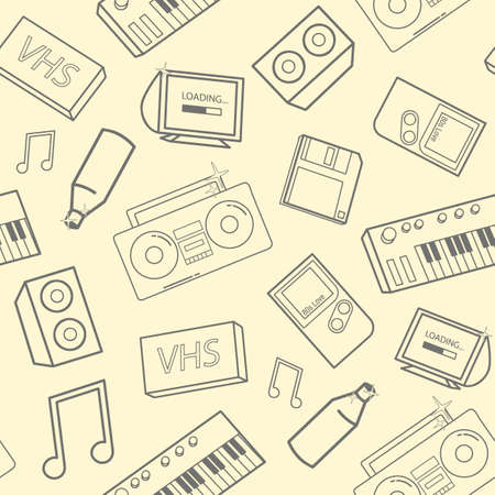 Stylish pattern with old school attributes, electronic devices and music instruments on yellow . Back to 90-s concept. illustration for wallpaper, website backdrop.のイラスト素材