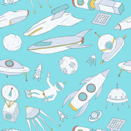 Seamless pattern with cartoon space objects hand drawn on blue background - spacecraft, astronaut, flying saucer, satellite, planets, asteroids and meteorites. Vector illustration.のイラスト素材