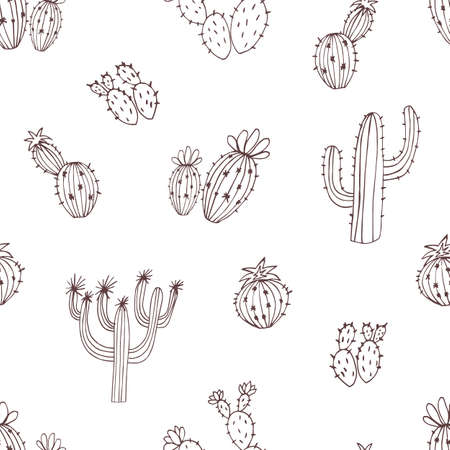Natural pattern with hand drawn green cactus on white background. Blooming Mexican desert plants....