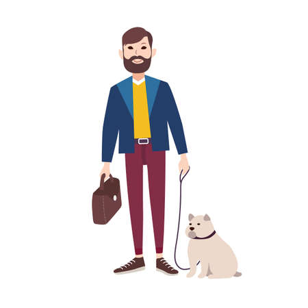 Young smiling man with beard dressed in stylish clothing walking bulldog. Flat cartoon character holding his dog in leash isolated on white background. Pet owner. Colorful vector illustration.のイラスト素材