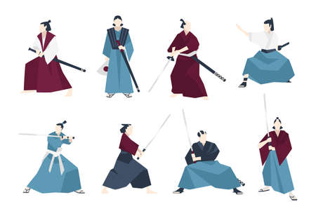 Collection of samurai standing in different postures and holding katana sword. Set of Japanese warriors dressed in traditional clothing. Flat cartoon characters. Colored vector illustration.のイラスト素材