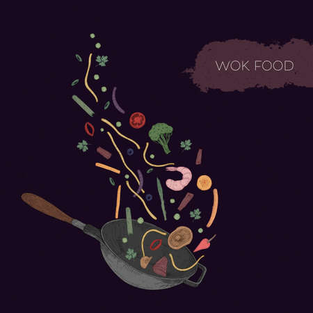 Detailed colorful drawing of wok and seafood, vegetables, mushrooms, noodles, spices thrown out of it. Traditional asian pan hand drawn in vintage style on dark background. Vector illustration.のイラスト素材