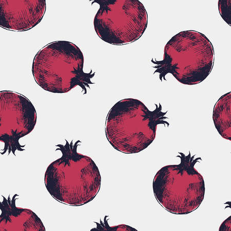 Beautiful seamless pattern with red pomegranates hand drawn in elegant antique style. Ripe fresh fruits on light background. Natural vector illustration for wrapping paper, fabric print, wallpaperのイラスト素材