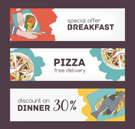 Colorful horizontal banner templates with hand drawn sketches of delicious food and various appetizing dishes. Special offer and dinner discount. Vector illustration for restaurant, delivery.のイラスト素材