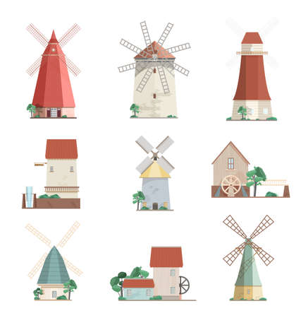 Set of colorful windmills and watermills of different types - smock, tower, post mills isolated on white background. Agricultural buildings with rotating sails. Vector illustration in flat style.のイラスト素材