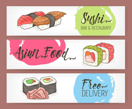 Bright colored horizontal banner templates with hand drawn sushi, rolls and ginger on white background. Vector illustration for Japanese restaurant advertisement, Asian food delivery serviceのイラスト素材