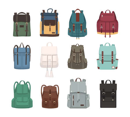 Large collection of fashionable backpacks or rucksacks. Modern casual and touristic accessories of different types and colors isolated on white background. Colorful flat vector illustration.のイラスト素材