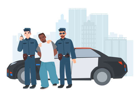 Two policemen in uniform standing near police car with caught criminal against city buildings on background. Arrested thief escorted by pair of cops. Cartoon characters. Colorful vector illustrationのイラスト素材