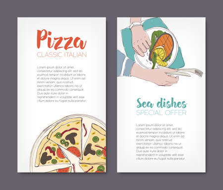 Set of flyer templates with colorful drawings of classical pizza and grilled salmon steak on plates and place for text. Hand drawn vector illustration for pizzeria or seafood restaurant advertisement.のイラスト素材