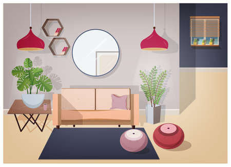 Interior of living room furnished with stylish comfortable furniture and home decorations - cozy sofa, coffee table, house plants, lamps, mirror, carpet and poufs. Vector illustration in flat style.のイラスト素材