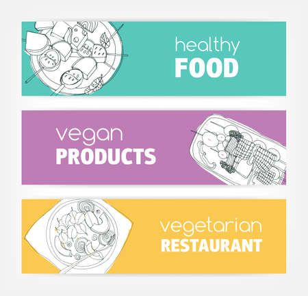 Collection of horizontal banner templates with monochrome vegan food hand drawn on bright colored background. Special offers and deals. Vector illustration for vegetarian restaurant advertisement.のイラスト素材