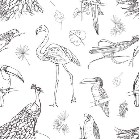 Beautiful seamless pattern with tropical birds and exotic leaves hand drawn with contour lines on white background. Monochrome vector illustration for wallpaper, fabric print, wrapping paper.のイラスト素材