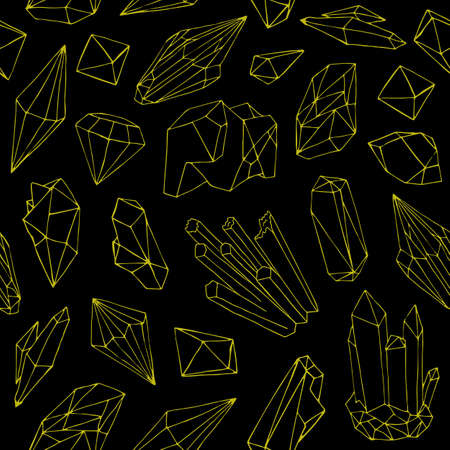 Seamless pattern with beautiful gems, crystals or precious stones hand drawn with yellow contour lines on black background. Natural vector illustration for wallpaper, backdrop, textile print.のイラスト素材