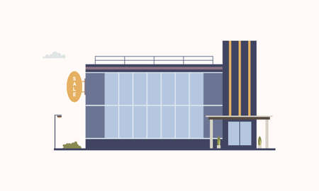 City building of trade center or shopping mall with large panoramic windows and glass entrance door built in modern architectural style. Outlet store or discount shop. Colorful vector illustration.のイラスト素材